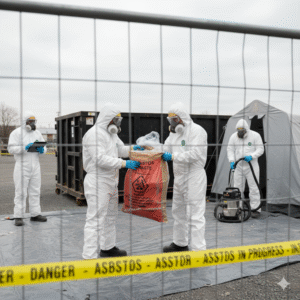 A group of individuals in hazmat suits conducting asbestos removal in a contaminated area.