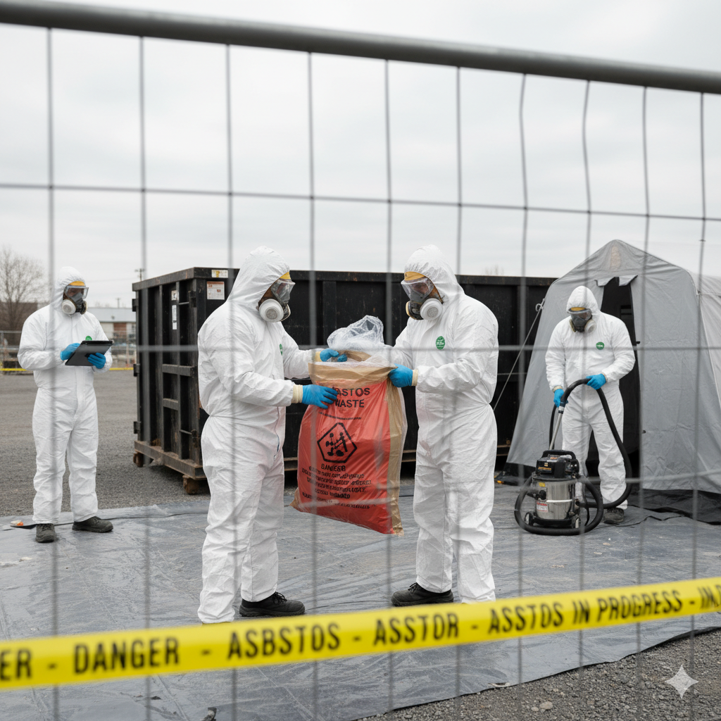 How Much Does Asbestos Removal Cost? Complete Guide 5 A group of individuals in hazmat suits conducting asbestos removal in a contaminated area.