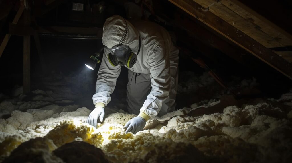 How Much Does Asbestos Removal Cost? Complete Guide 1 A man in a white jacket and gloves is safely removing asbestos insulation.