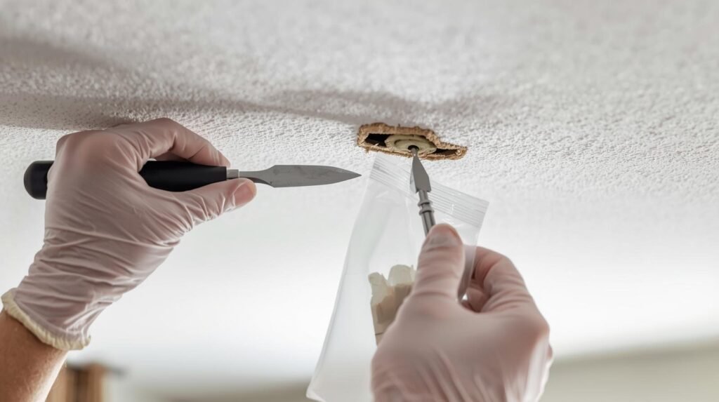 How to Remove and Replace Dated Popcorn Ceilings? 1 A person wearing gloves holds a screwdriver against a dated popcorn ceiling, preparing for repairs or removal.