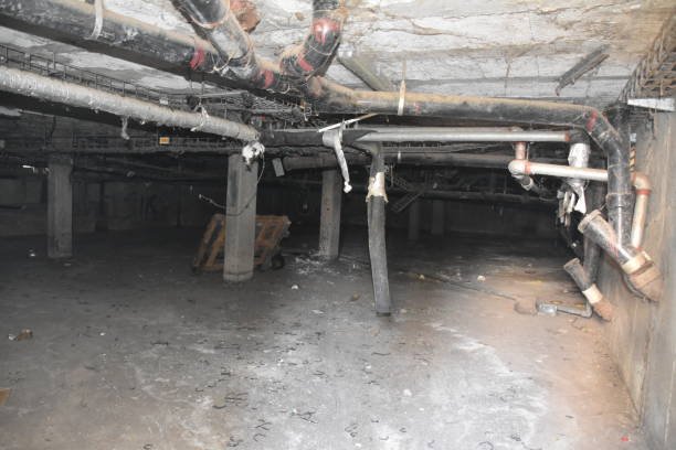 Top-Rated Residential Asbestos Abatement Contractors for Residential Buildings 1 Inside an abandoned building, exposed pipes are visible, with a sign indicating asbestos removal in progress.